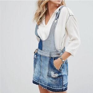 Free People | Patchwork Denim Jumper Overall Mini Dress Distressed Pockets SZ 4